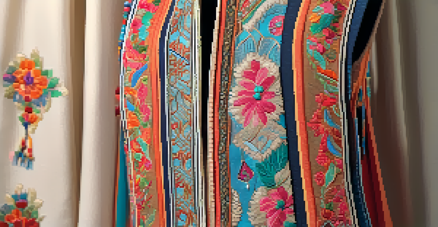 A close-up view of a traditional garment on a mannequin, showcasing intricate embroidery and vibrant colors in natural light.
