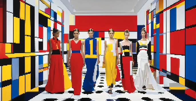 Fashion models on a runway showcasing clothing inspired by Piet Mondrian's geometric art, set against a colorful canvas background.