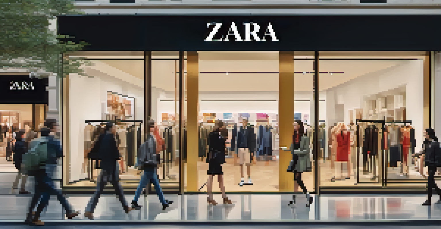 Exterior view of a Zara store in a busy city, with people shopping and trendy displays.