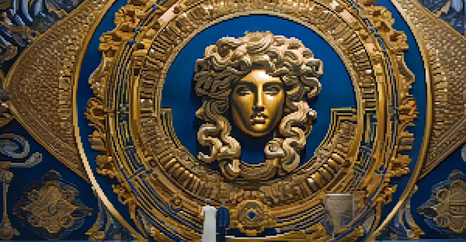 A detailed depiction of the Medusa logo by Gianni Versace, surrounded by luxurious fabrics and textures in gold and blue, emphasizing opulence.