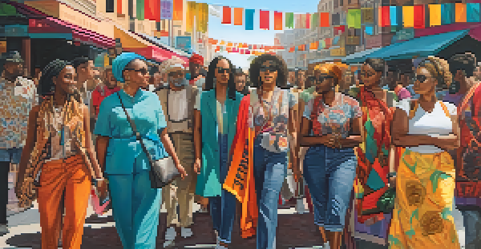 A diverse group of people in colorful clothing promoting social justice, with banners in a sunny street.