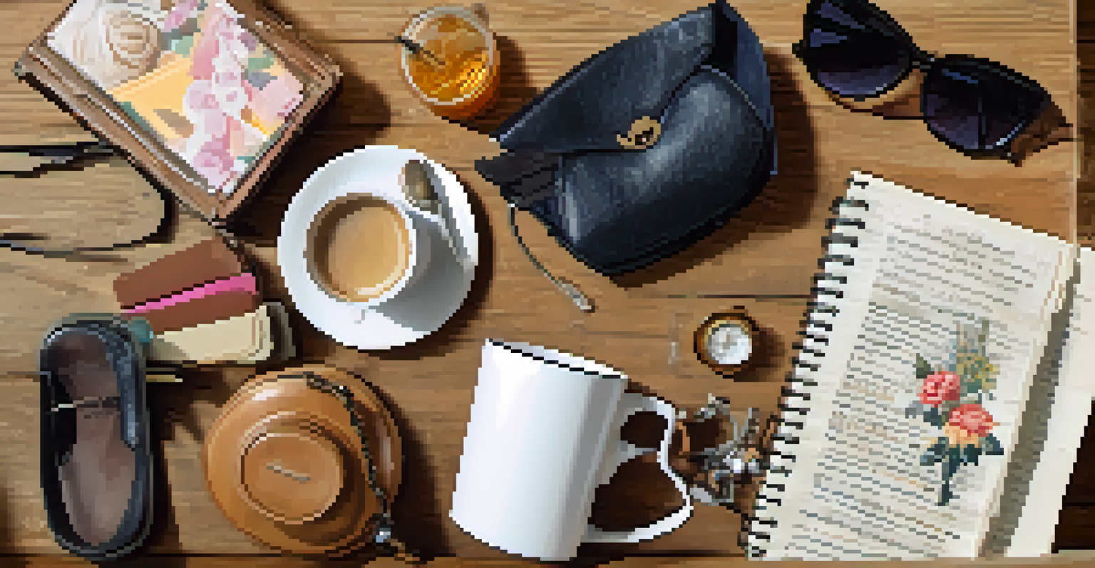 A flat lay of vintage thrift finds on a rustic table, including clothing and accessories, with a cup of coffee and personal items.