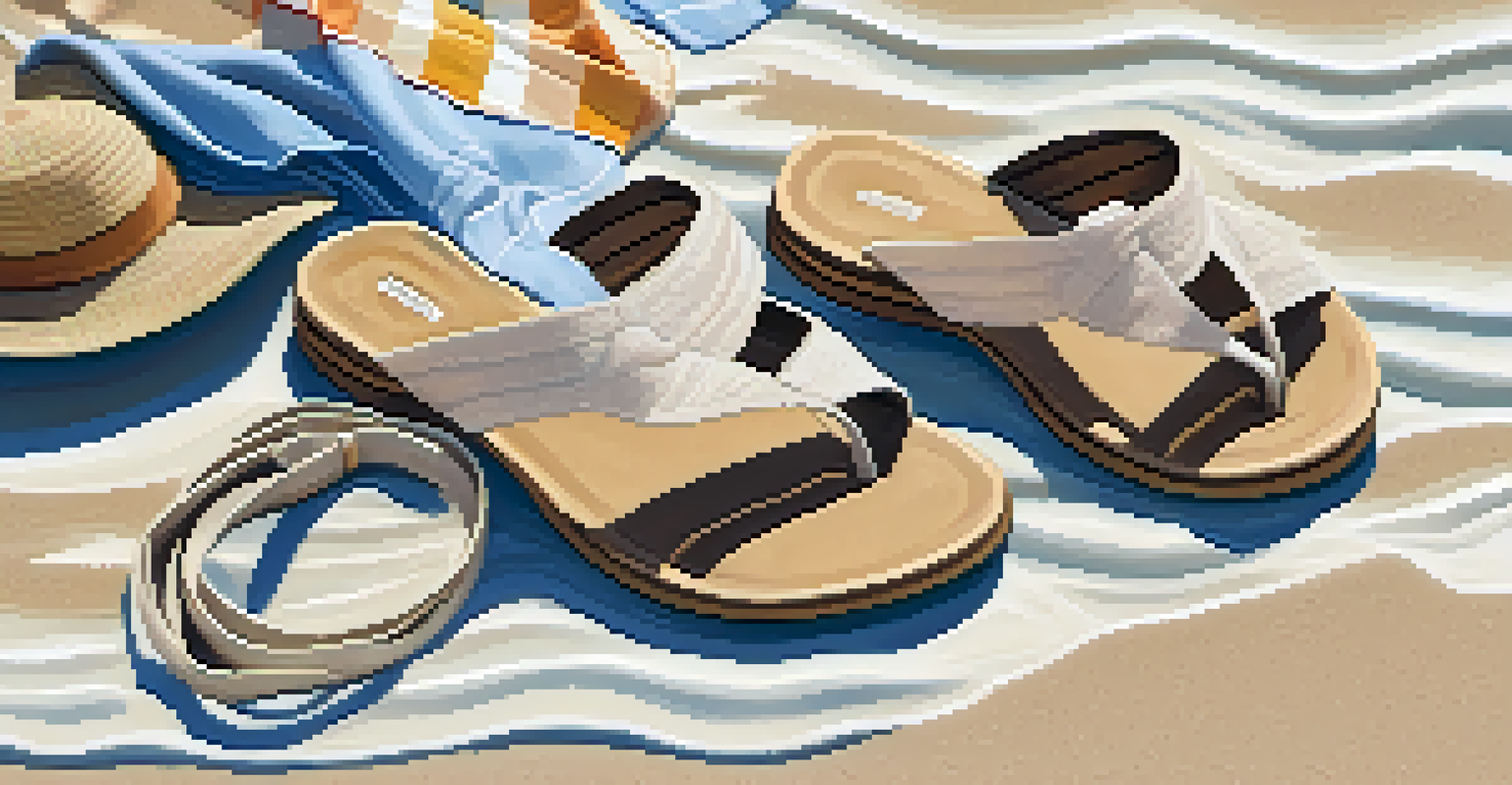 Trendy light tan sandals on a sandy beach with waves in the background, accompanied by a beach towel and sunhat.