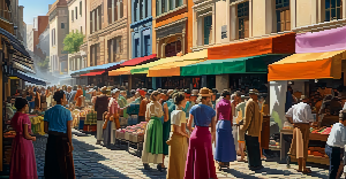 A vibrant street market bustling with diverse shoppers and colorful clothing stalls, under warm sunlight.