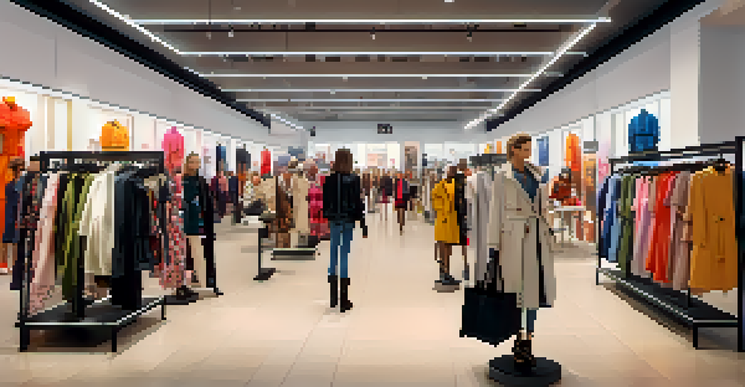 A busy fast fashion store with shoppers exploring trendy outfits and vibrant displays.