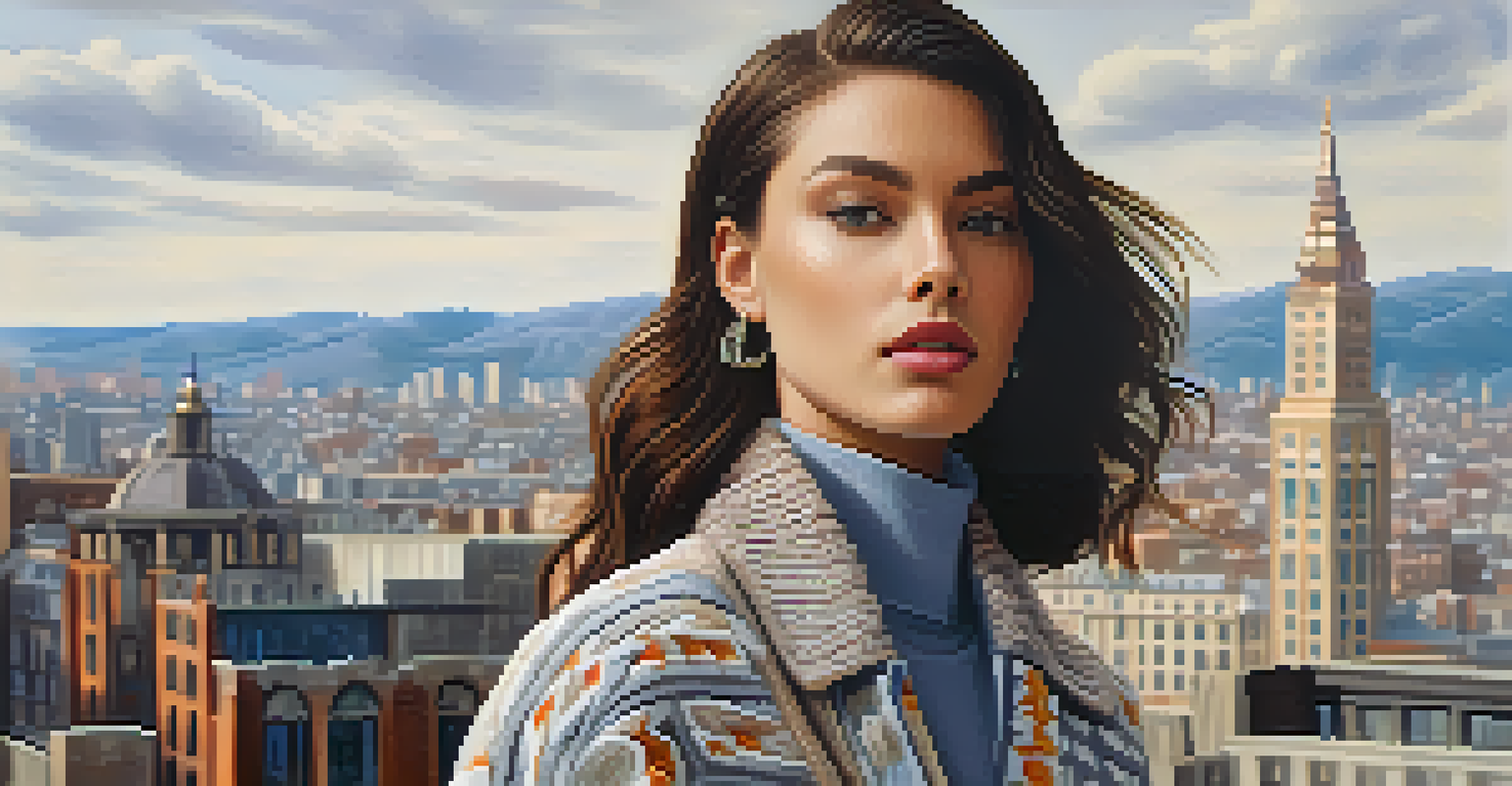 A fashion influencer in a gender-neutral outfit, showcasing textures and patterns against a blurred city background.