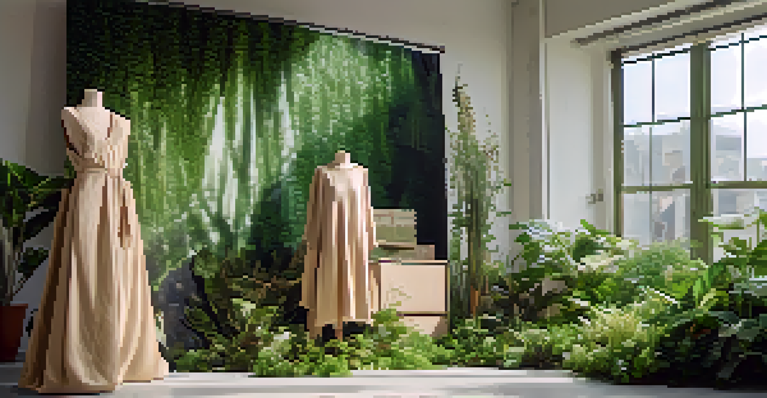 A mannequin dressed in a sustainable garment made from recycled materials, surrounded by green plants and eco-friendly packaging.