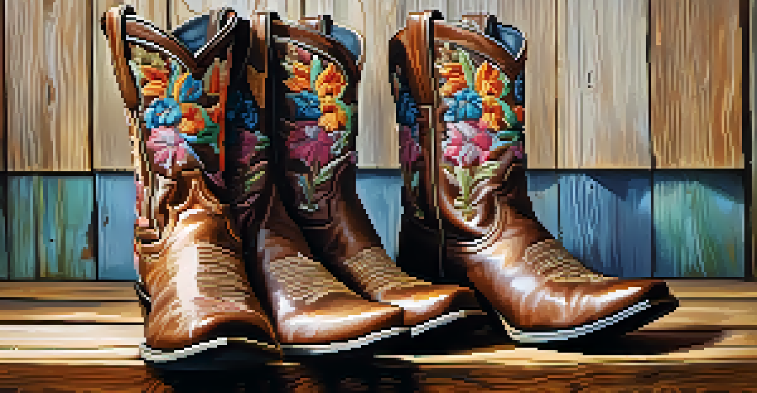 A close-up of beautifully embroidered cowboy boots on a rustic wooden surface, showcasing their intricate designs and worn texture.