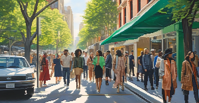 A diverse group of people wearing eco-friendly fashion in an urban setting surrounded by greenery and sunlight.