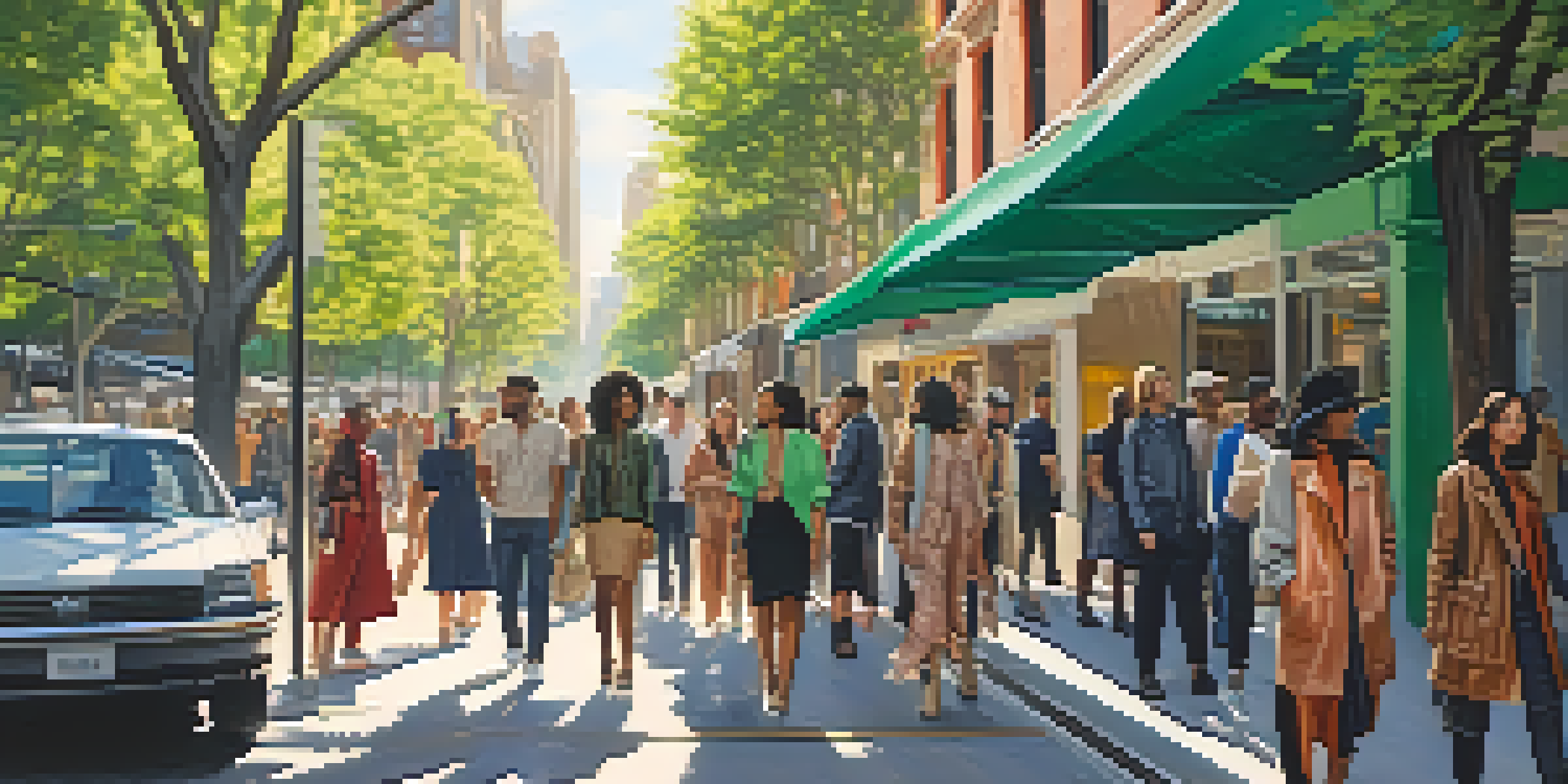 A diverse group of people wearing eco-friendly fashion in an urban setting surrounded by greenery and sunlight.
