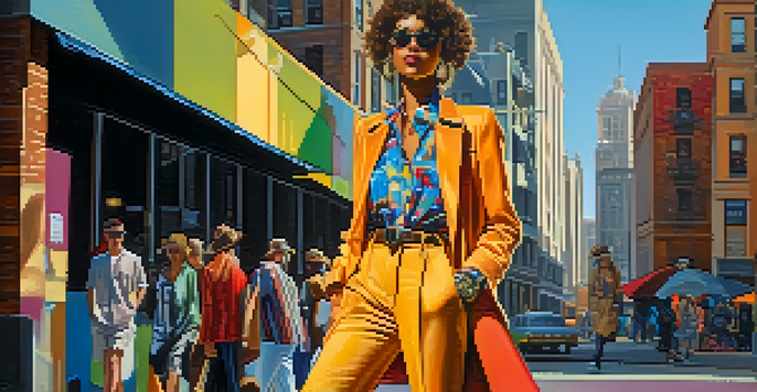 A confident individual wearing a mix of vintage and modern clothing in an urban setting, with colorful street art behind.