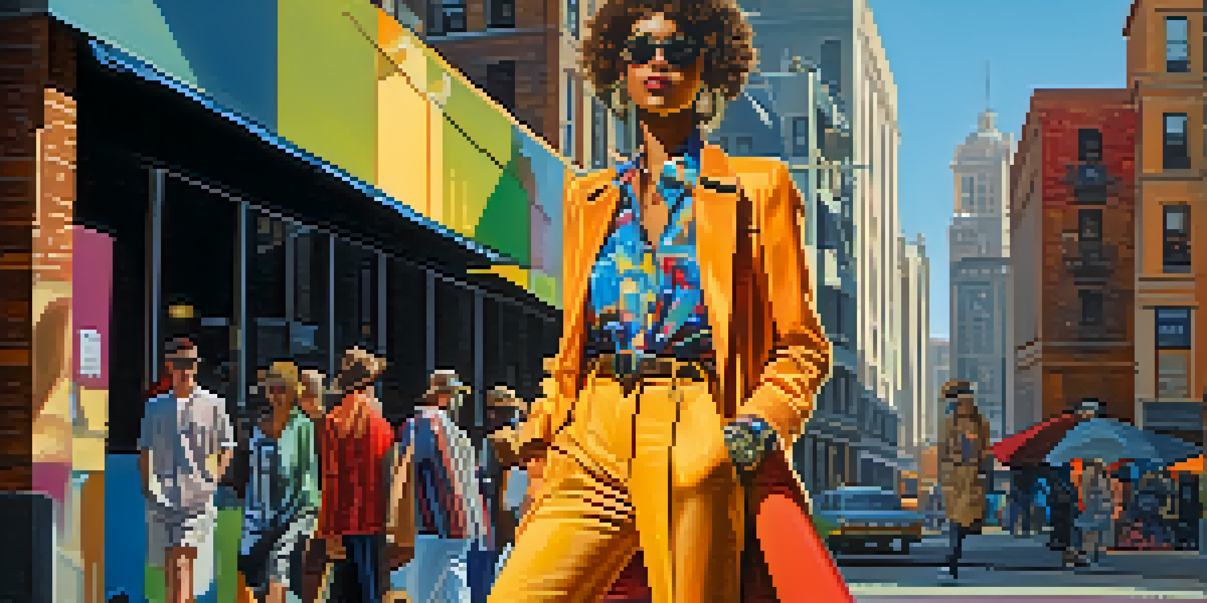 A confident individual wearing a mix of vintage and modern clothing in an urban setting, with colorful street art behind.