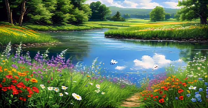 A vibrant field of wildflowers with a clear blue sky and a gentle stream flowing through the landscape.