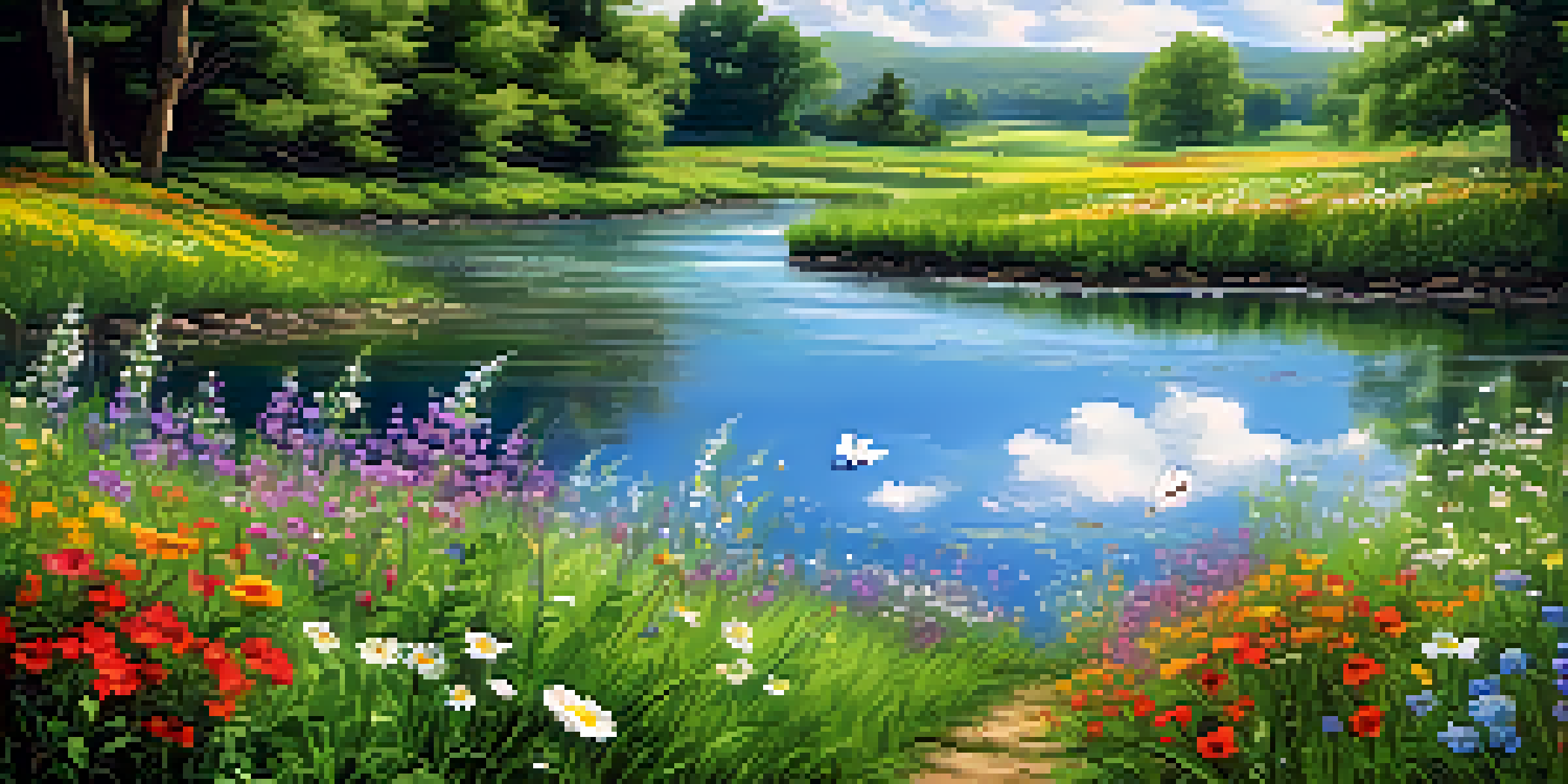 A vibrant field of wildflowers with a clear blue sky and a gentle stream flowing through the landscape.