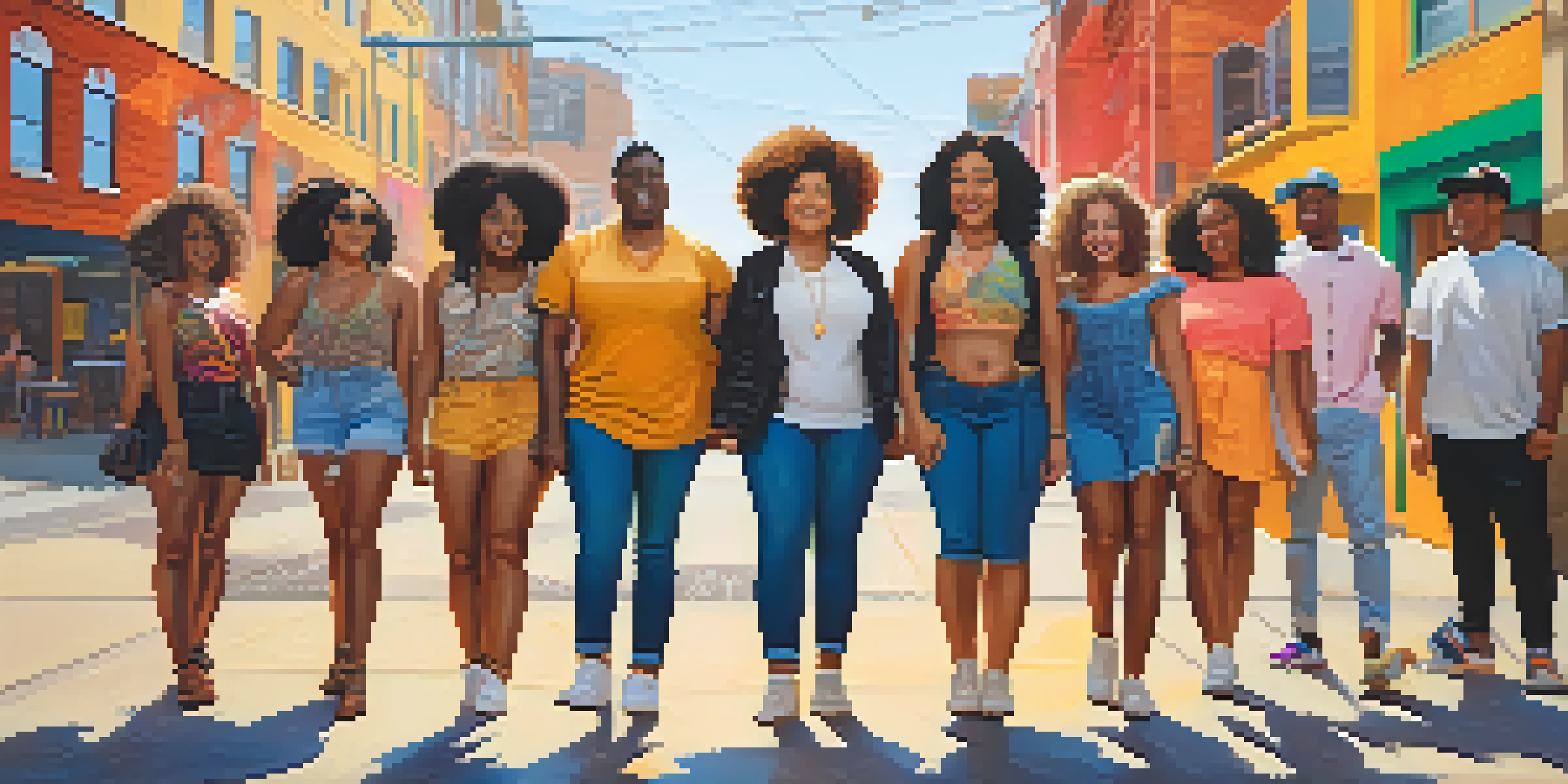 A diverse group of people of different body types and ethnicities smiling together in an urban setting, showcasing their unique fashion styles against colorful street murals.