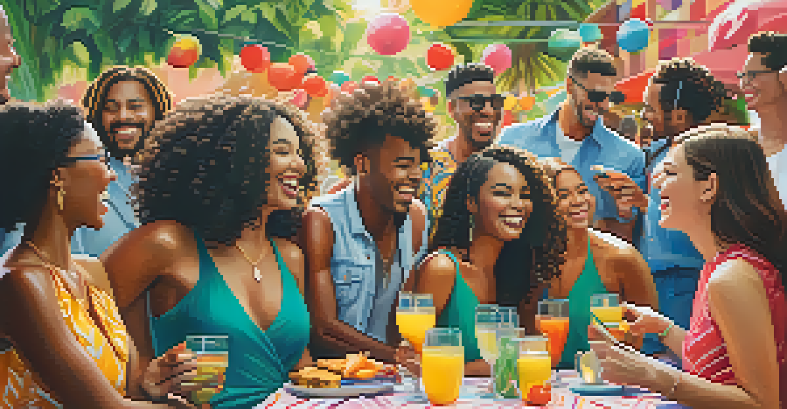 A diverse group of friends wearing matching outfits at a themed event, enjoying each other's company in a vibrant outdoor setting.