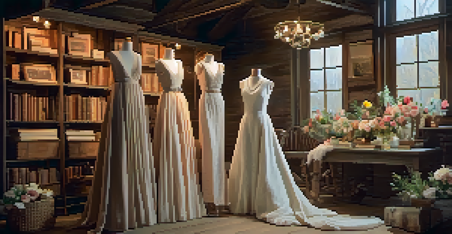 A romantic fashion display with soft lighting, featuring elegant dresses in a rustic wooden setting with vintage props.