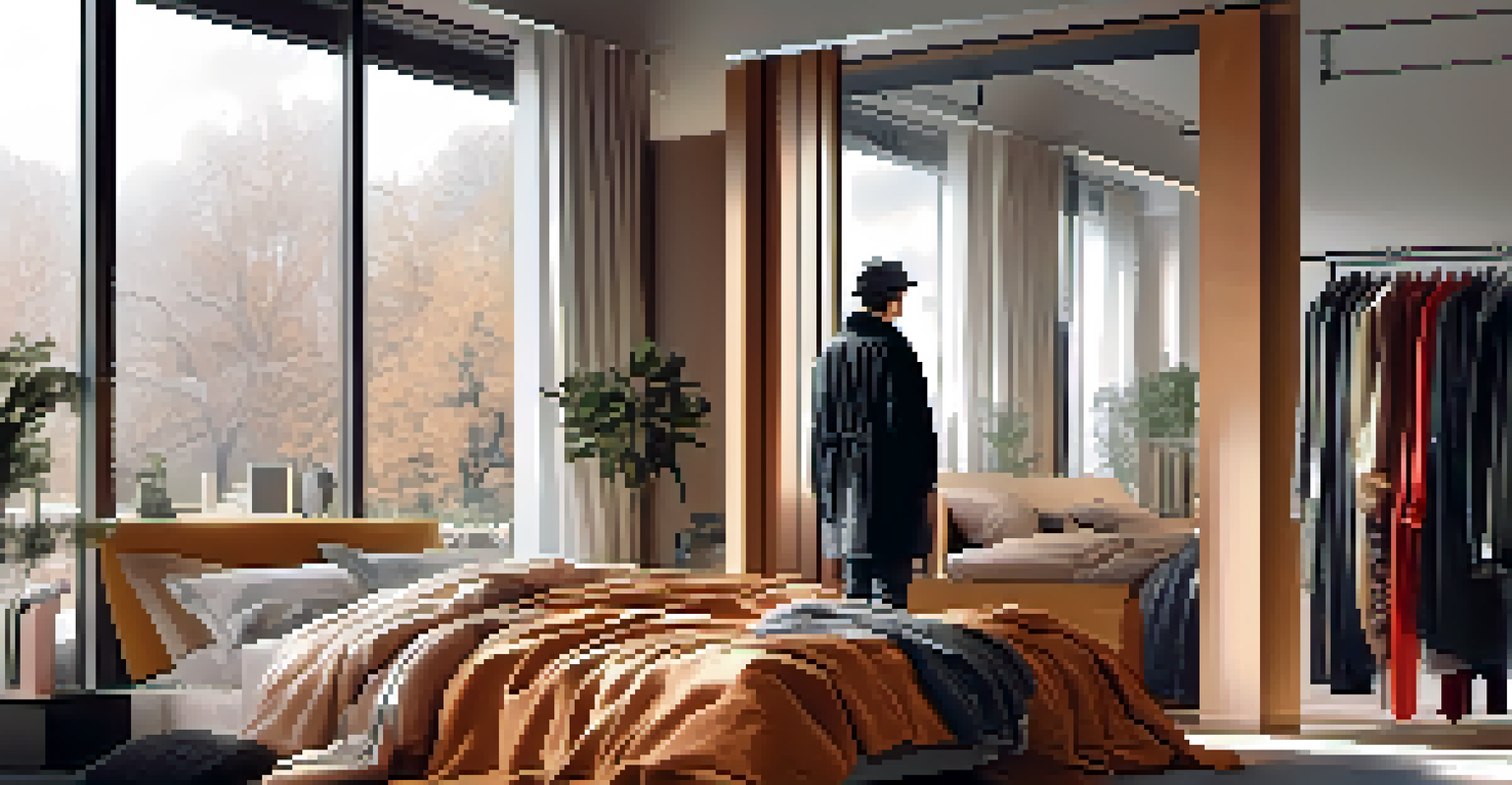 A person in a modern bedroom looking at their reflection surrounded by a mix of clothing styles.