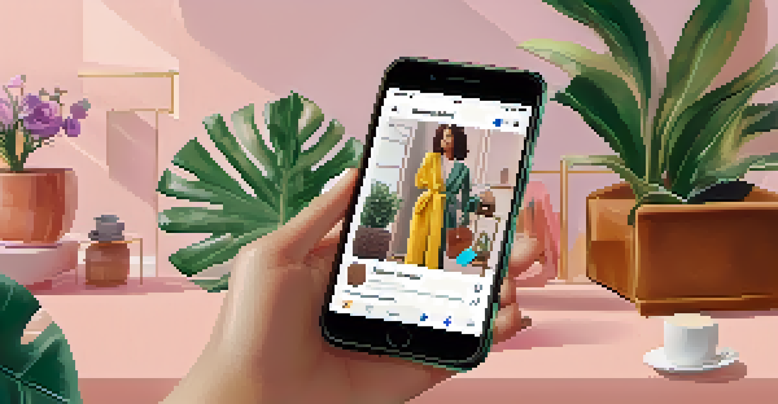 A close-up of a hand holding a smartphone displaying a fashion influencer's Instagram feed in a cozy room.