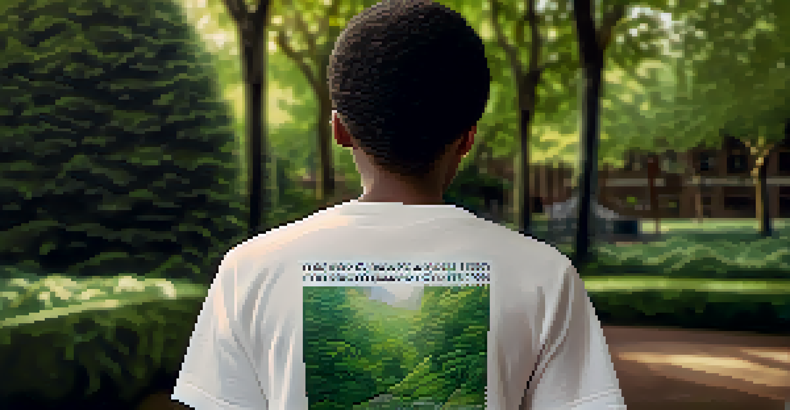 A close-up of a person's hands holding a t-shirt with a climate action slogan, set against a blurred green park background.