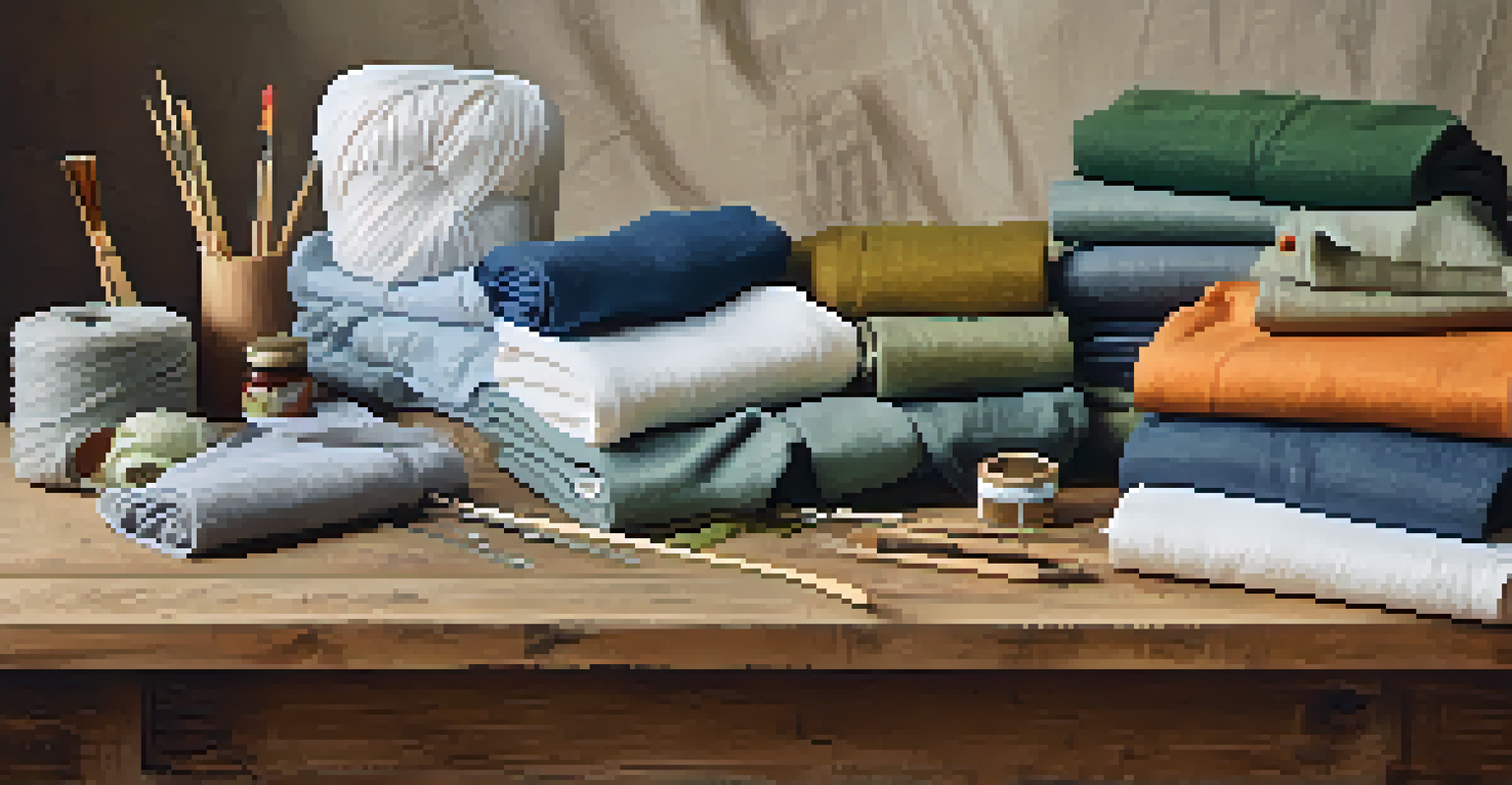 A flat lay of eco-friendly fabrics with sewing tools and upcycled clothing items.