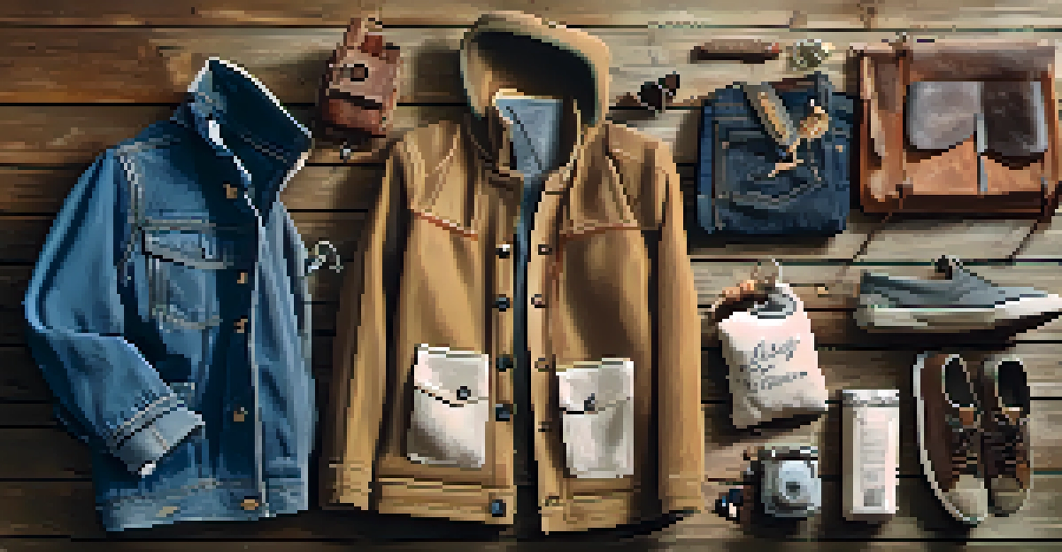 Flat lay of upcycled clothing and accessories on a wooden surface, featuring natural elements like leaves and stones.