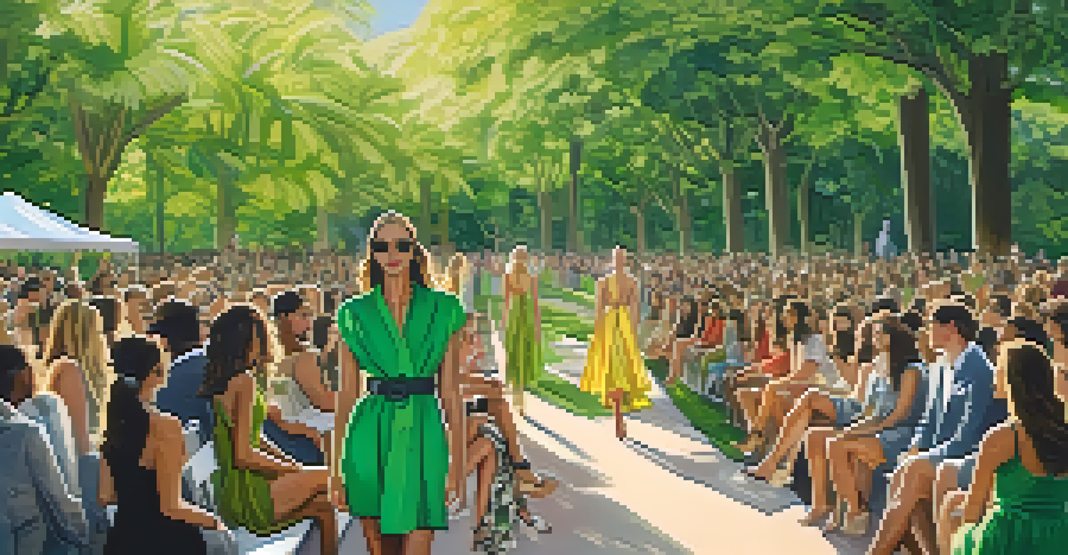 A fashion show in a park showcasing models in ethically produced clothing.