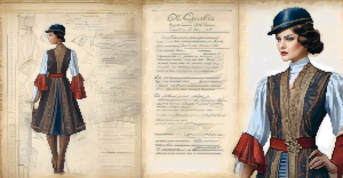 A costume design sketch of a 1920s outfit on aged parchment with color swatches and notes.