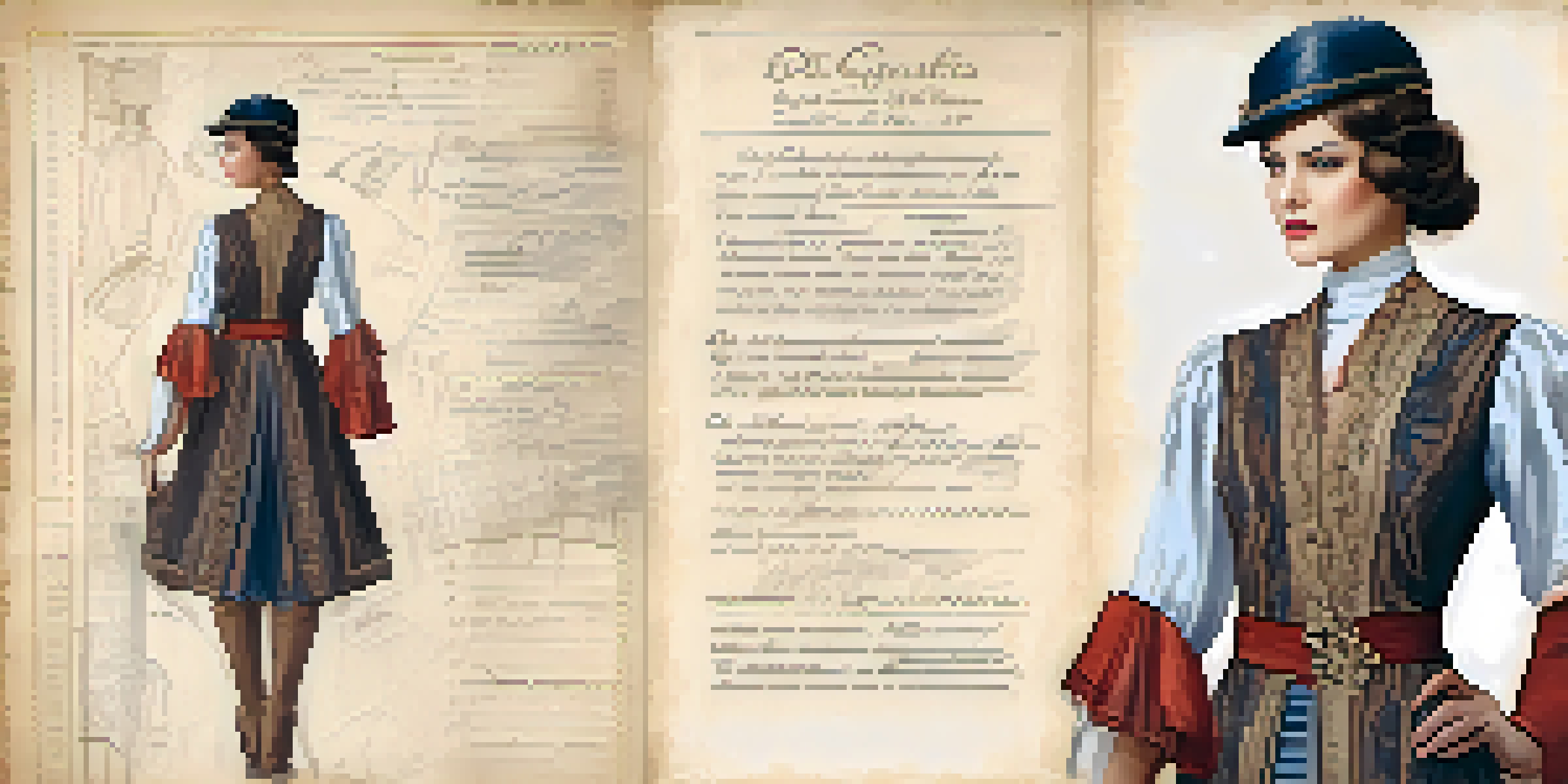 A costume design sketch of a 1920s outfit on aged parchment with color swatches and notes.