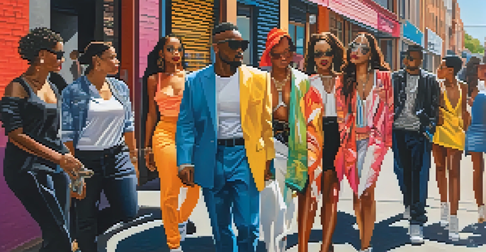 A lively urban scene with diverse individuals wearing fashionable outfits inspired by Rihanna, surrounded by vibrant graffiti art and bright sunlight.