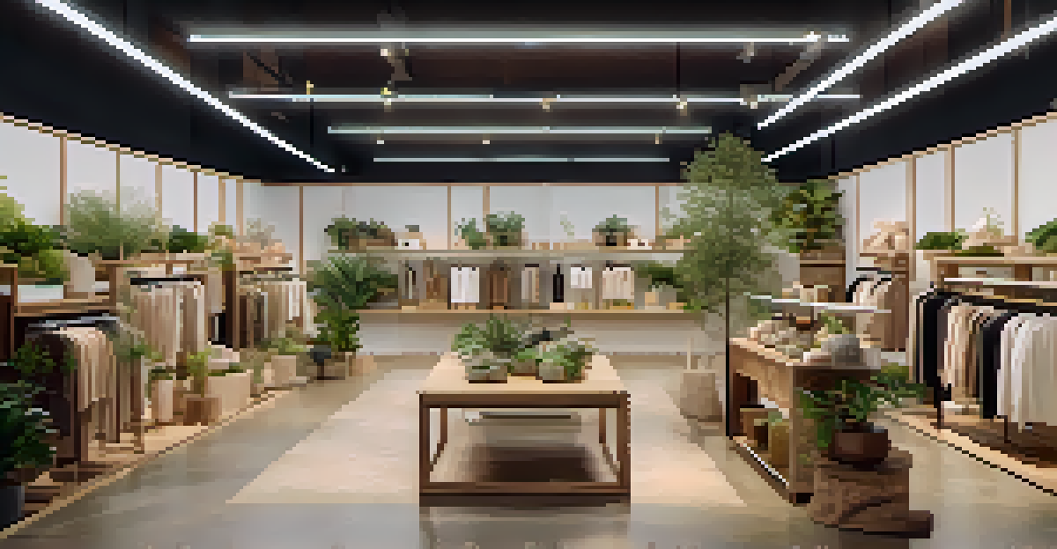 A sustainable fashion retail store with a focus on smart inventory management, featuring natural materials, digital screens, and a warm, inviting atmosphere.