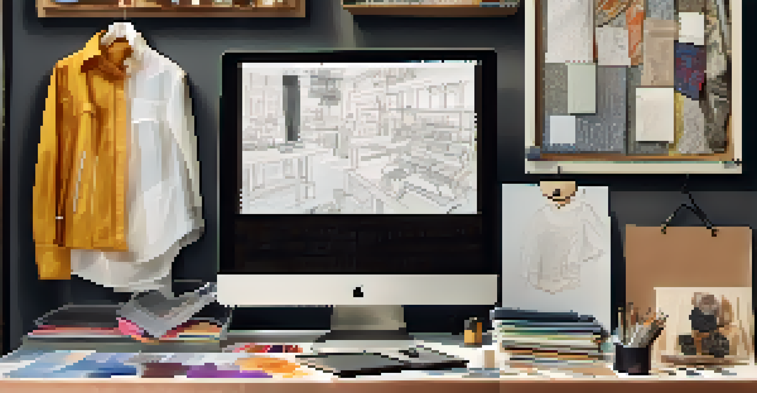 A fashion designer's workspace with fabric swatches, sketches, and a laptop showing analytics data.
