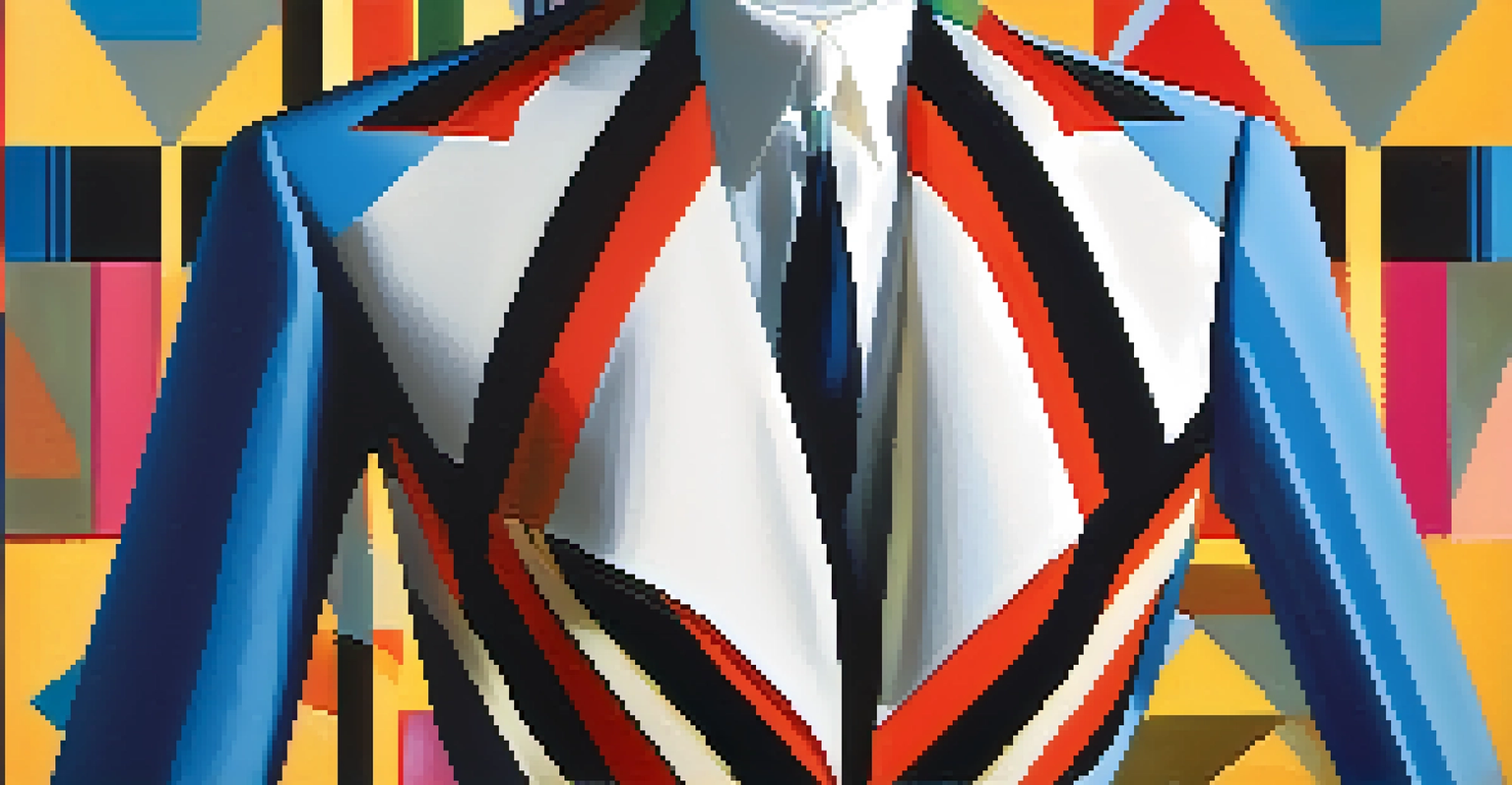 A close-up of a fashion garment featuring geometric shapes and bold colors inspired by Cubism, with dramatic shadows enhancing the design.