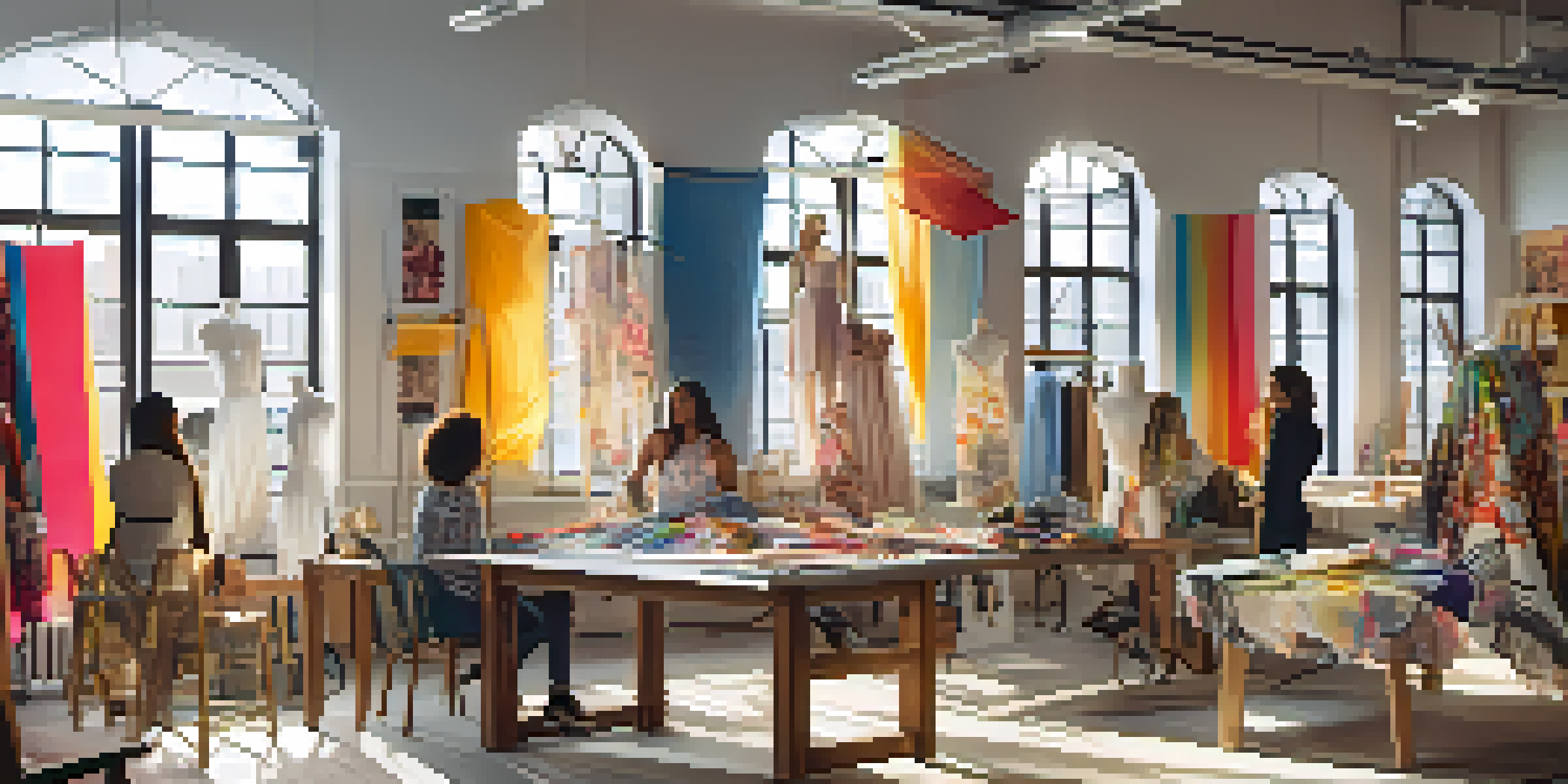 A busy fashion studio with interns working together, surrounded by fabrics and sketches, with sunlight pouring in from large windows.
