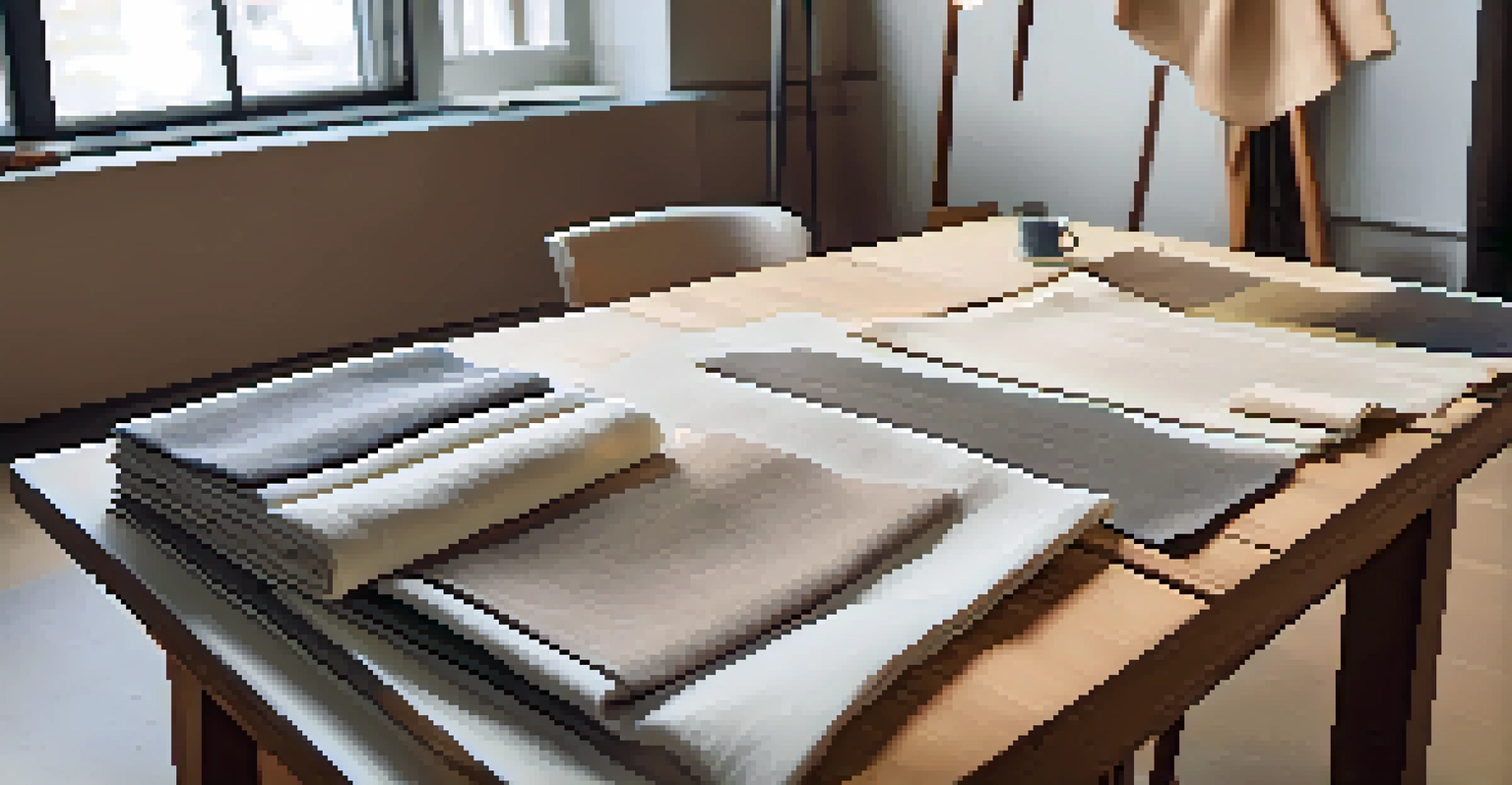 A modern studio showcasing biodegradable fabrics in natural colors, with a focus on their textures and design samples.