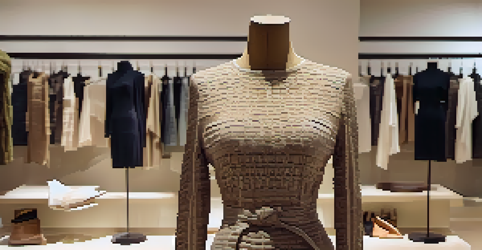 A mannequin showcasing a stylish outfit made from sustainable materials in a chic boutique, with warm lighting highlighting the design.