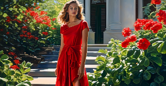 A confident model in a bold red dress poses outdoors, surrounded by greenery and colorful flowers, with sunlight casting dappled shadows.