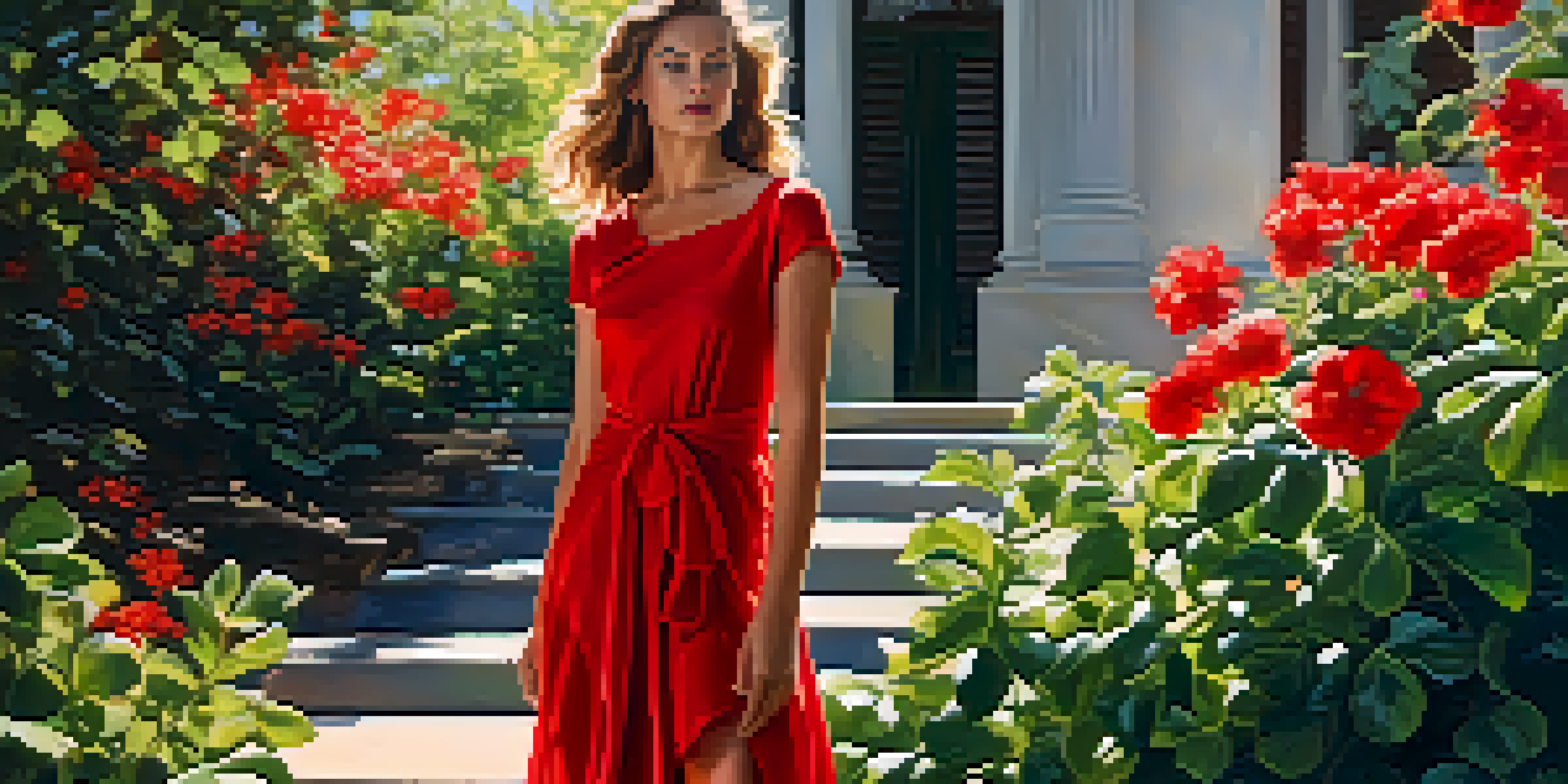 A confident model in a bold red dress poses outdoors, surrounded by greenery and colorful flowers, with sunlight casting dappled shadows.