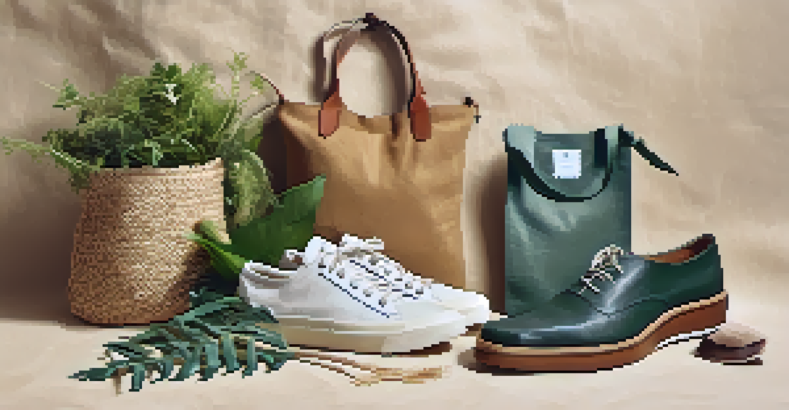 An artistic flat lay of sustainable fashion items including shoes and a tote bag on a recycled paper background with greenery.