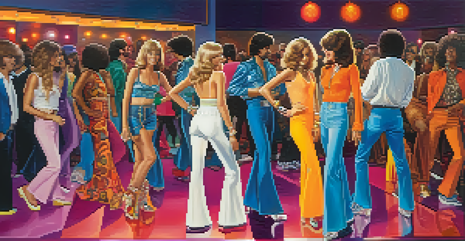 A diverse group of people in 1970s fashion at a disco club with colorful lights.