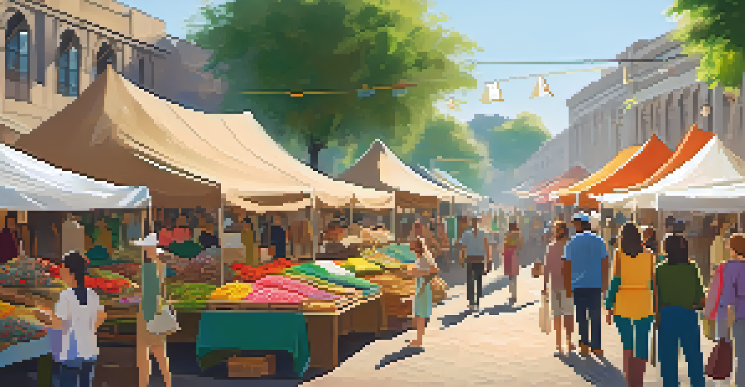 An outdoor market with stalls of sustainable fashion products, lively shoppers, and green surroundings, all under warm sunlight.