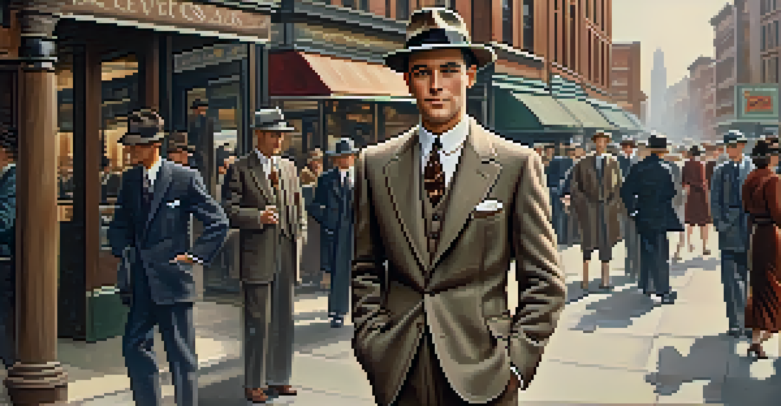 A man in a tailored 1930s wool suit leaning against a hat, with a busy street and vintage shops in the background, showcasing male elegance.