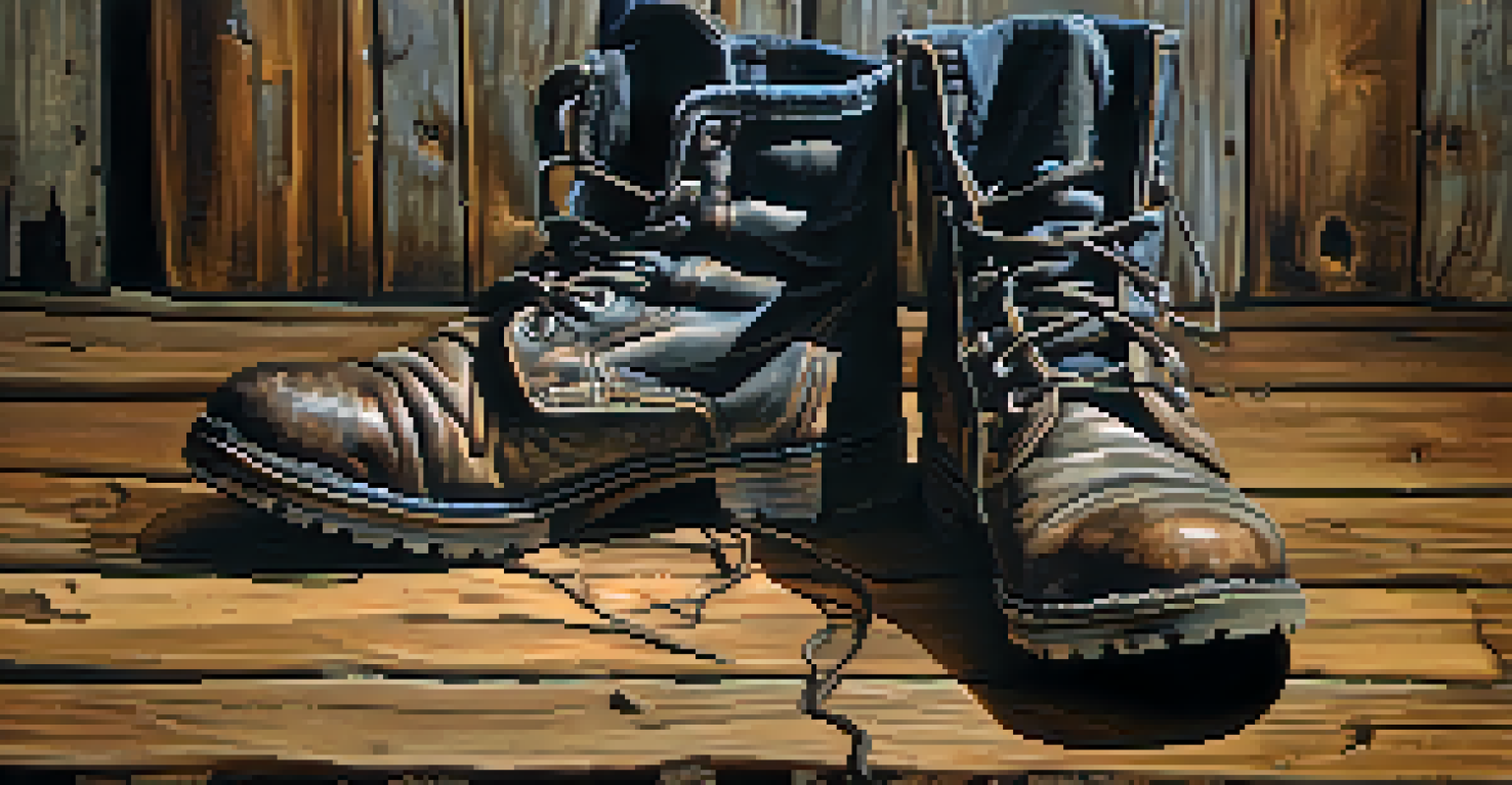 A close-up of combat boots on a wooden floor, surrounded by flannel shirts and ripped jeans.