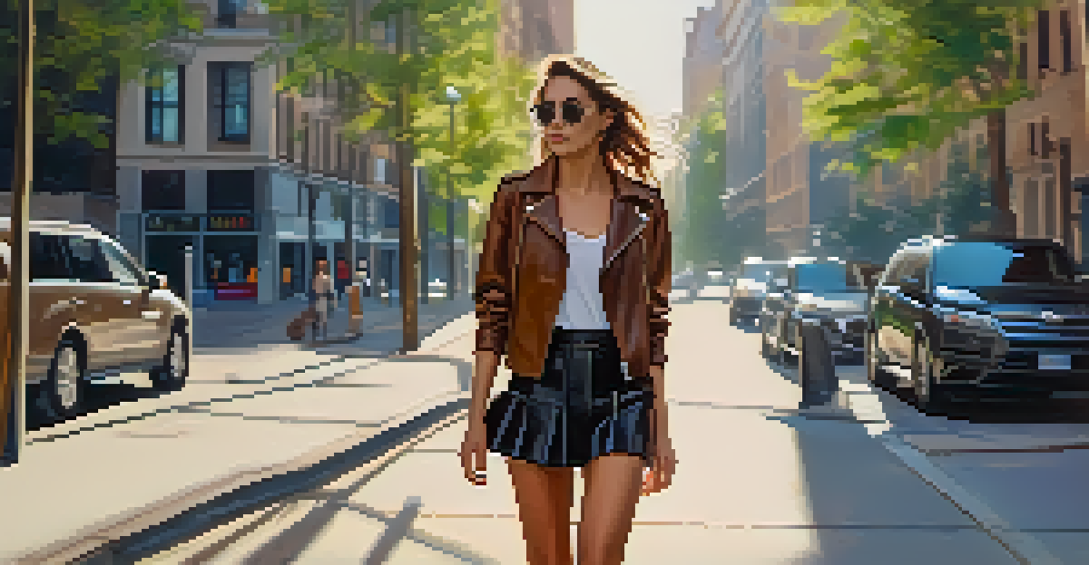 A fashionable young woman walking on a city sidewalk wearing a leather jacket and a flowy skirt.