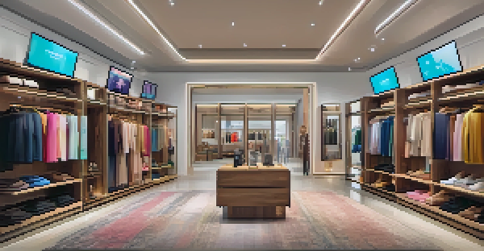 A modern fashion boutique with digital screens showing personalized clothing recommendations and a customer trying on an outfit in front of a mirror.