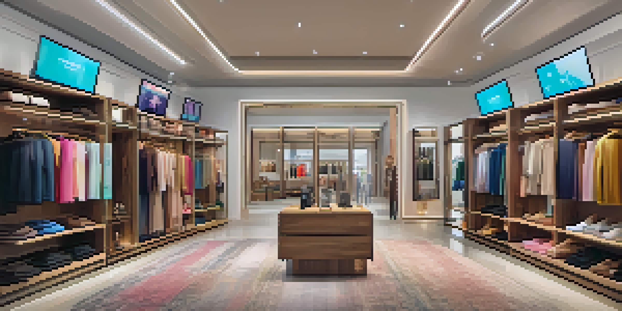 A modern fashion boutique with digital screens showing personalized clothing recommendations and a customer trying on an outfit in front of a mirror.