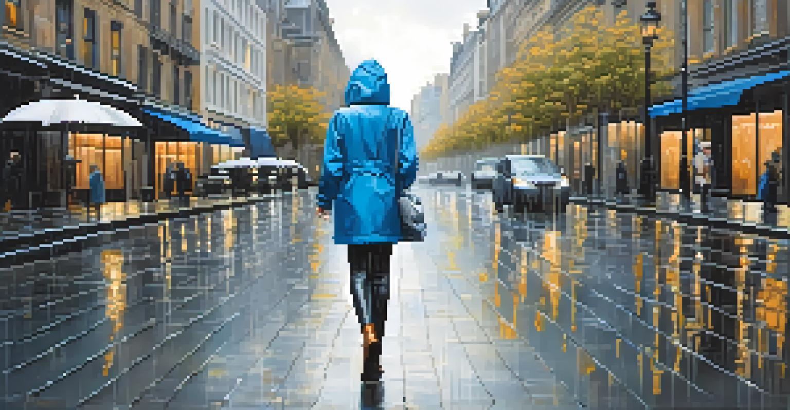 A stylish person in a blue water-repellent jacket walking in the rain, with raindrops splashing off the fabric.