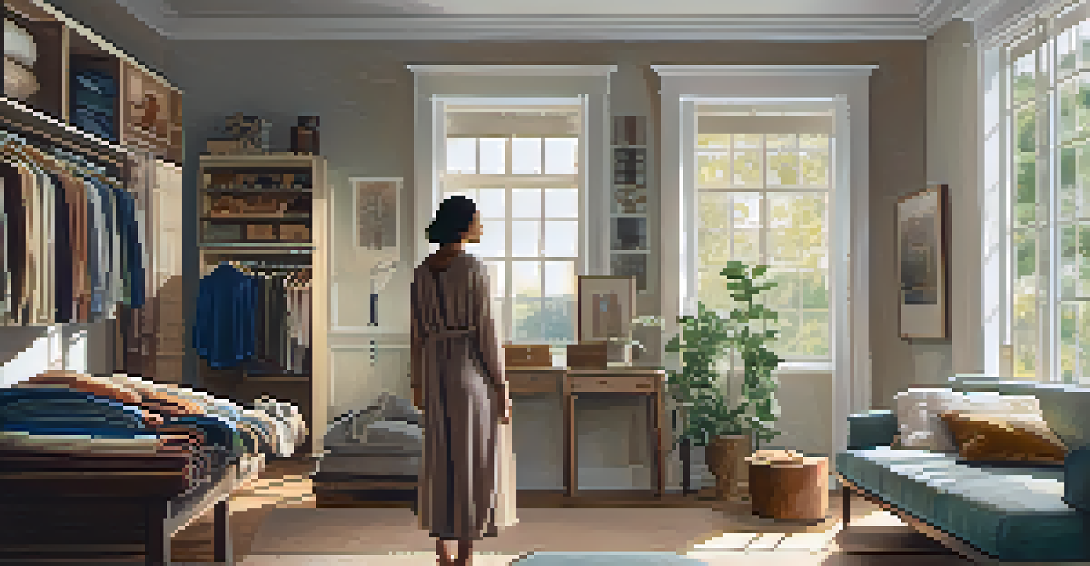 A peaceful indoor scene of someone selecting outfits from a wardrobe, with soft light highlighting various fabrics.