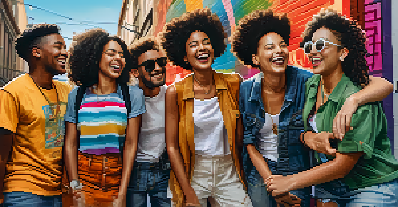 A diverse group of friends wearing stylish inclusive outfits, laughing in front of colorful street art in an urban environment.