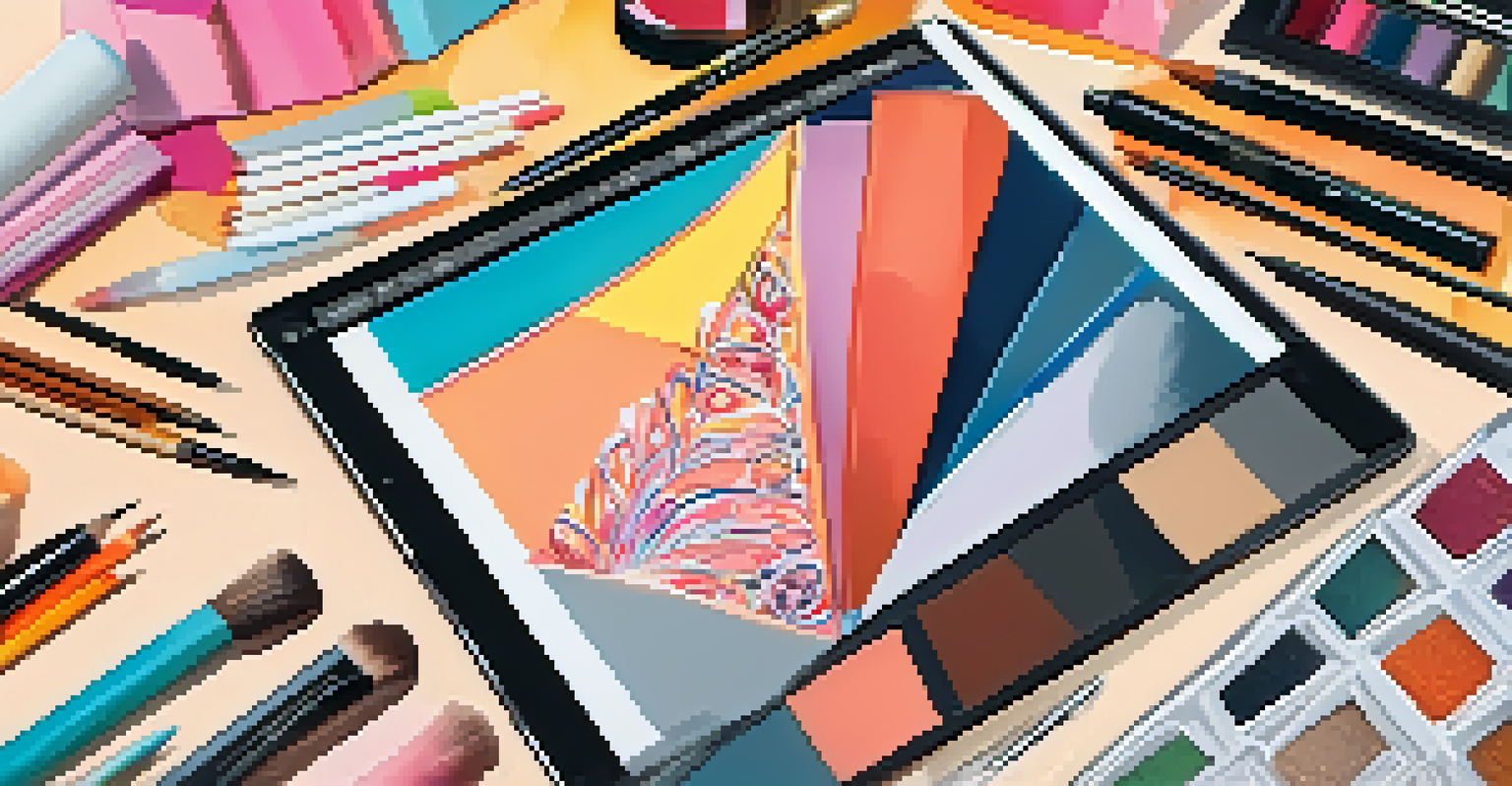 A close-up of a fashion illustration on a digital tablet surrounded by art supplies with natural light streaming in.